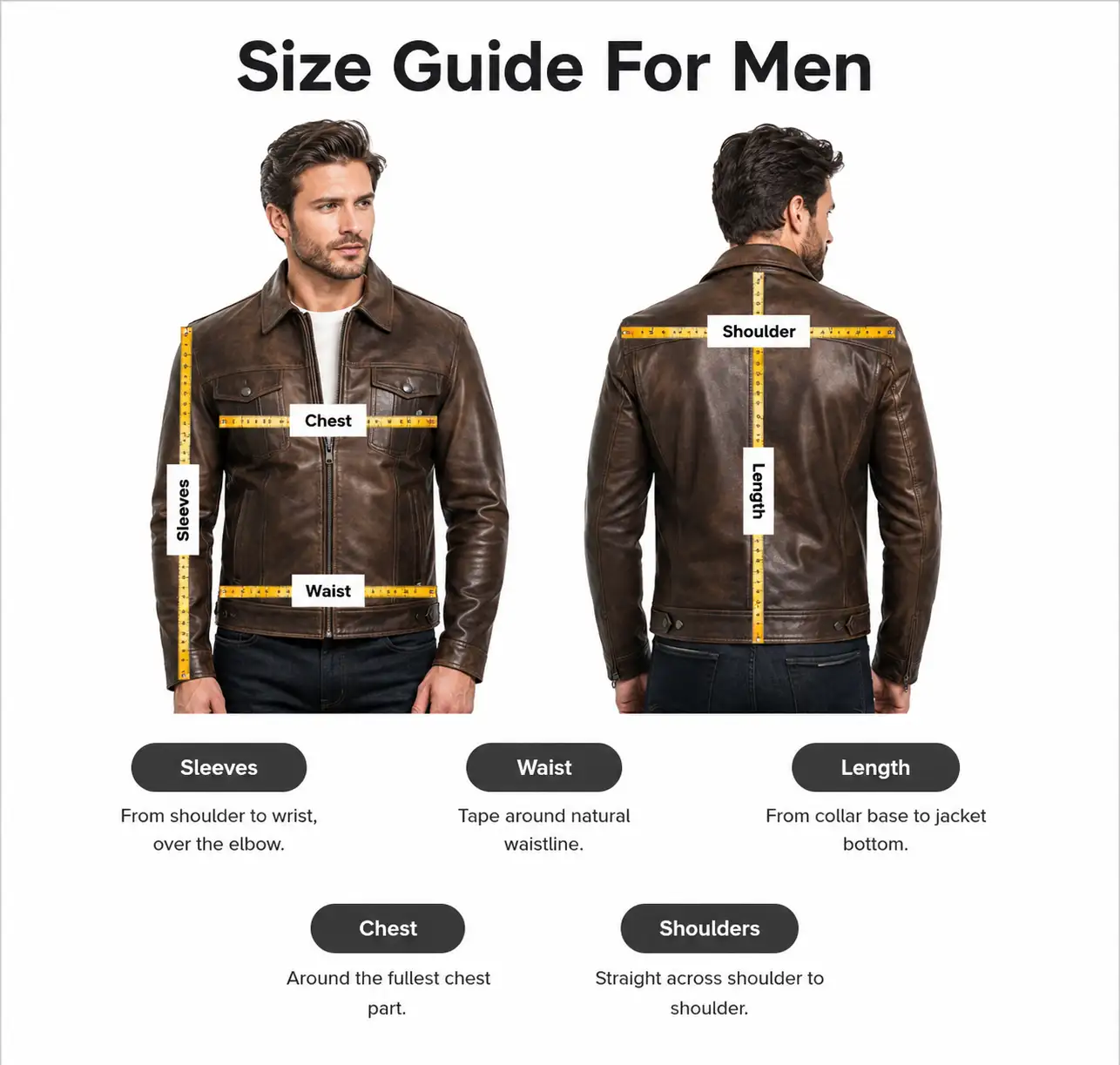 Men's measurement diagram — chest, waist, sleeve