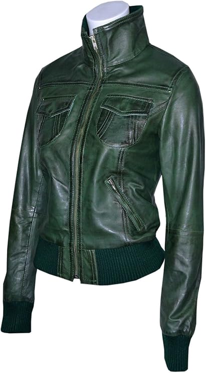 Womens Green Bomber Leather Jacket