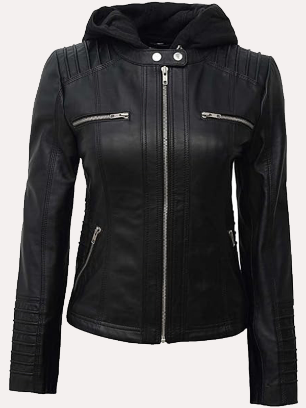 Womens Black Hooded Leather Jacket