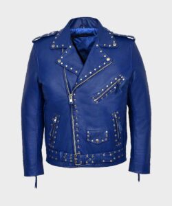 Blue Motorcycle Studded Leather Jacket