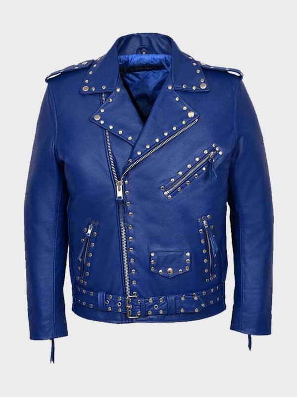 Blue Motorcycle Studded Leather Jacket