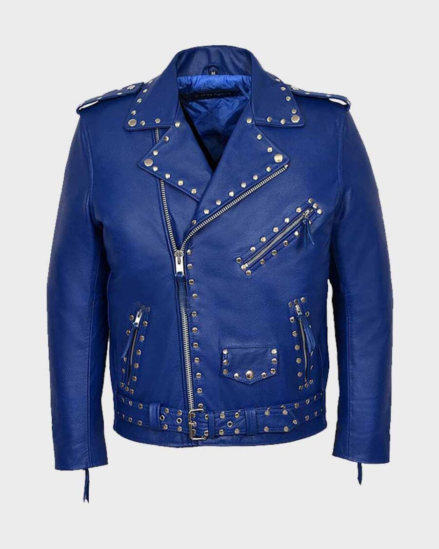 Blue Motorcycle Studded Leather Jacket