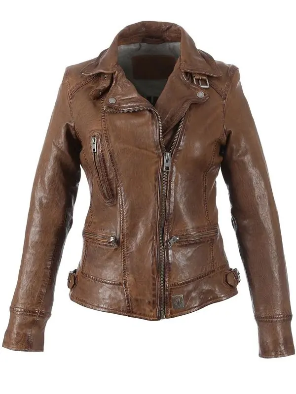 Women Brown Biker Waxed Leather Jacket