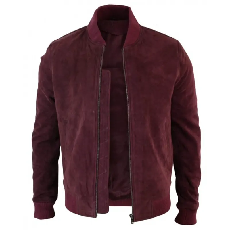 Burgundy Bomber Suede Jacket For Men