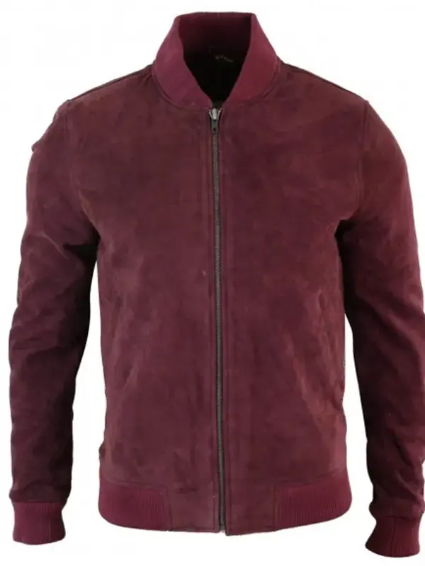 Burgundy Bomber Suede Jacket For Men