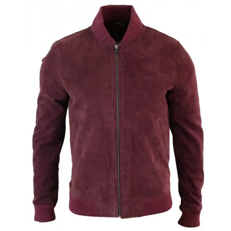 Burgundy Bomber Suede Jacket For Men