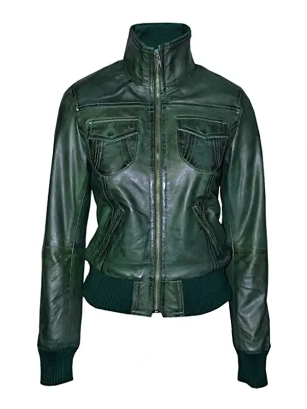 Womens Green Bomber Leather Jacket