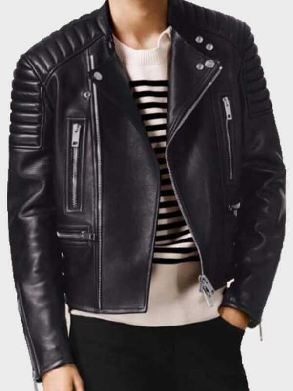 Mens Asymmetrical Black Bikers Padded Jacket
