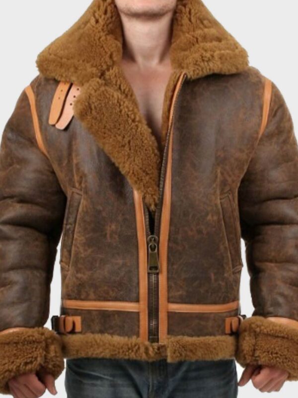 Mens Aviator Distressed Leather Shearling Jacket