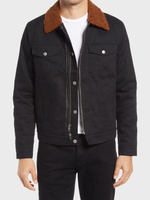 Mens Black Cotton Brown Shearling Collar Jacket