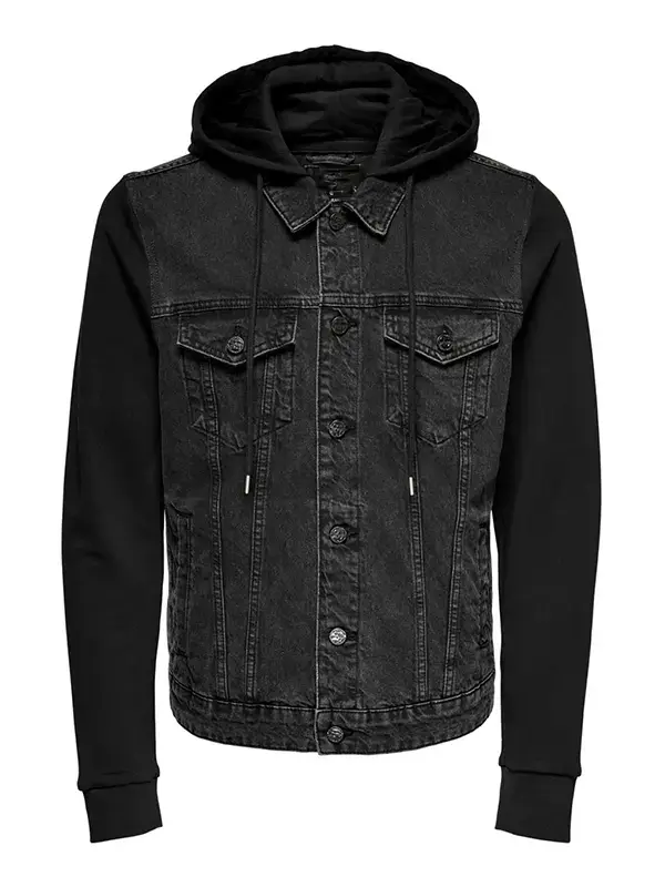 Mens Black Bomber Denim Jacket with Hood
