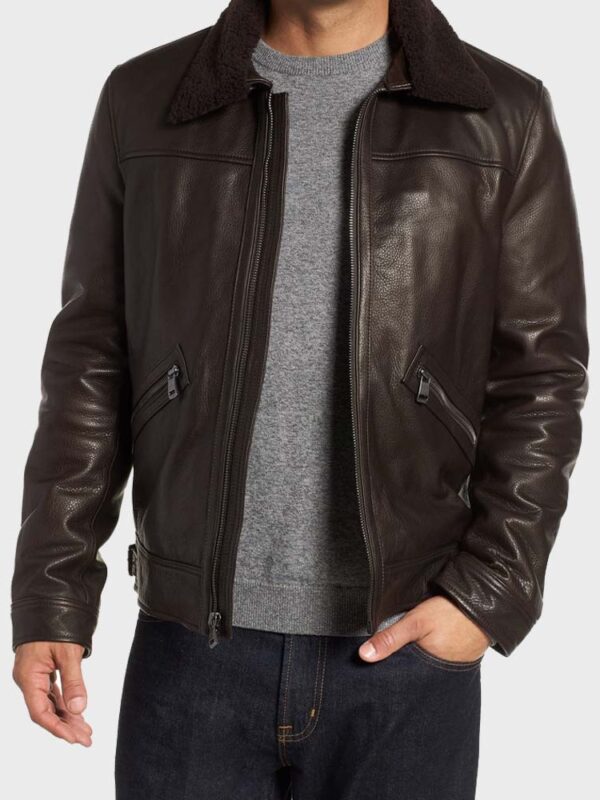 Mens Shearling Collar Black Leather Jacket