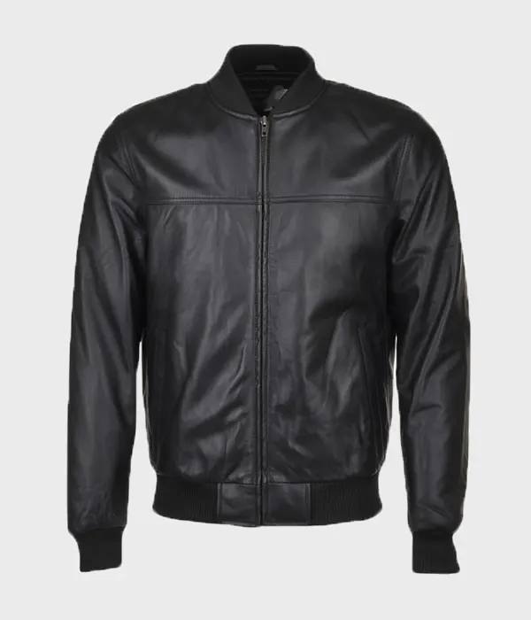 Mens Slim Fit Black Leather Bomber Jacket