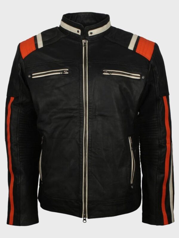 Mens Cafe Racer Striped Black Retro Biker Jacket