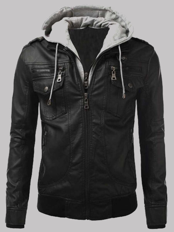 Men’s Biker Black Slim Fit Bomber Hooded Jacket