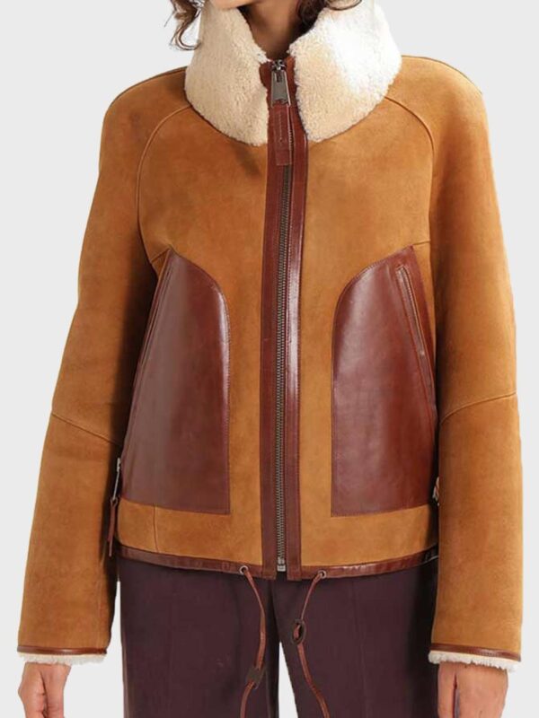 Womens Shearling Collar Brown Suede Leather Jacket