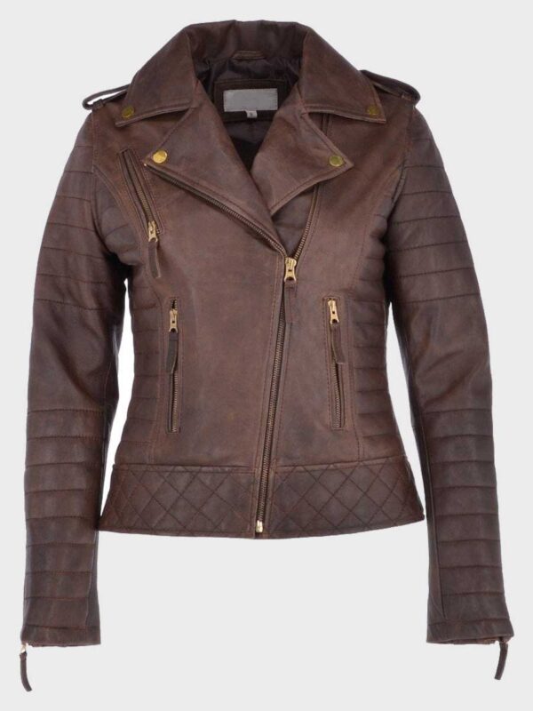 Womens Distressed Brown Biker Leather Jacket