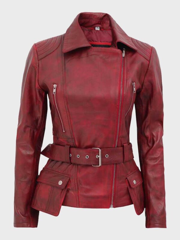 Womens Distressed Maroon Biker Jacket