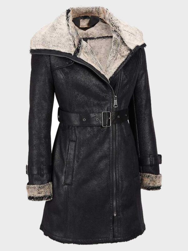 Womens Mid-Length Black Shearling Leather Coat
