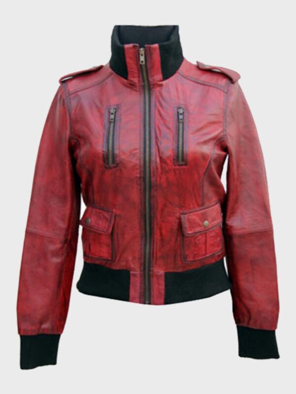 Womens Red Bomber Style Leather Jacket