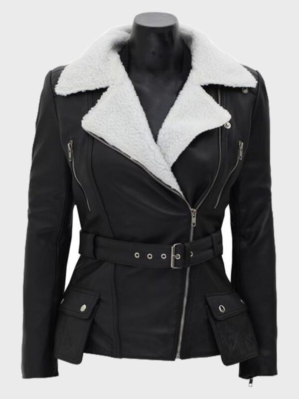 Womens Shearling Black Belted Asymmetrical Biker Leather Jacket