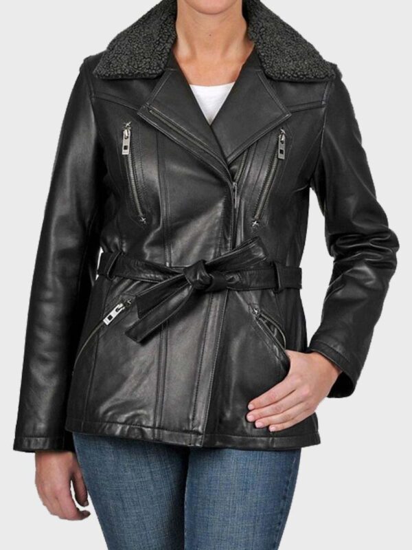 Womens Shearling Black Belted Leather Jacket